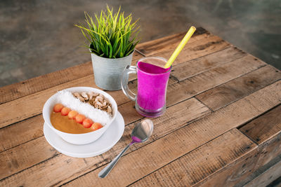 High angle view of breakfast on table