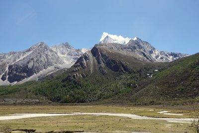 Scenic view of mountains against blue sky