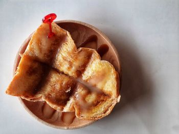 High angle view of dessert in plate on table