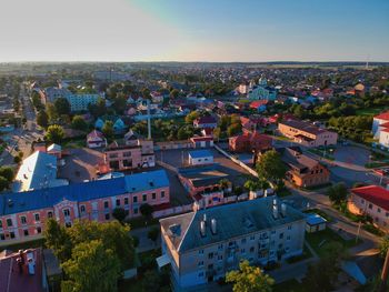 High angle shot of townscape against sky