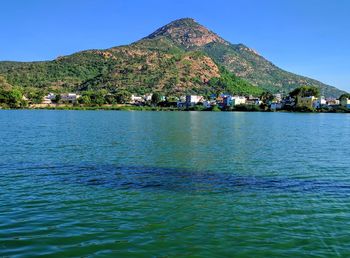 Scenic view of sea against clear blue sky