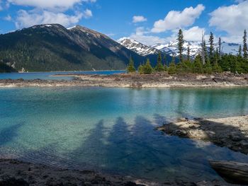 Scenic view of lake by mountains against sky