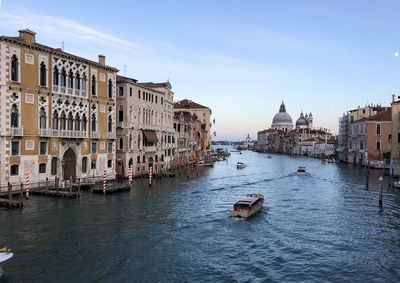  venice, italy, ariel view on the grand canal with motorboat taxis