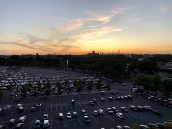High angle view of parking lot at sunset