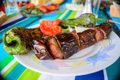 High angle view of meal served on table