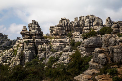 Low angle view of rock formations against sky