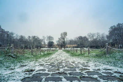 Canal amidst trees on field against sky