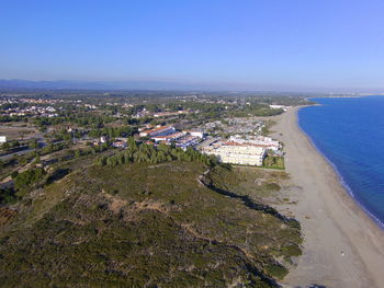 High angle view of beach against clear blue sky