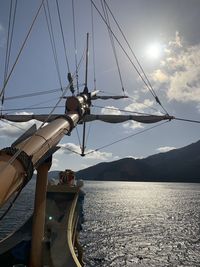 Sailboats in lake against sky