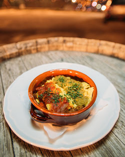 High angle view of soup in bowl on table