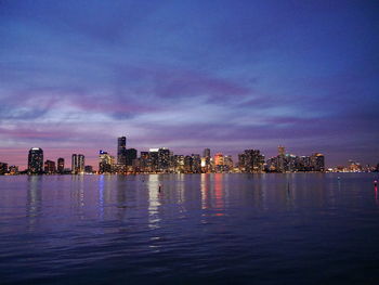 View of city at waterfront against cloudy sky