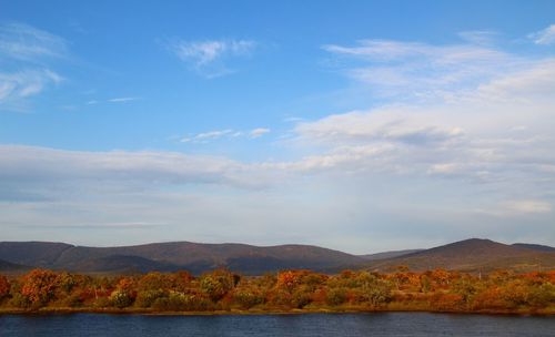 Scenic view of lake and mountains against sky