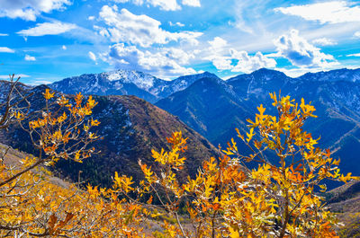 Scenic view of mountains against sky during autumn