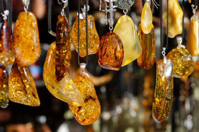 Amber necklace. amber of different colors and sizes. exposition of stones of amber for tourists