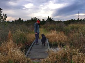 Rear view of man walking with dog against sky