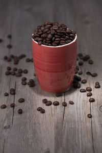 High angle view of coffee beans on table