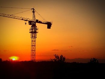 Silhouette crane on field against sky during sunset