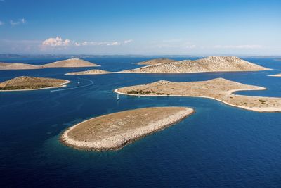 Sailing boat at anchor in the kornati archipelago, drone view