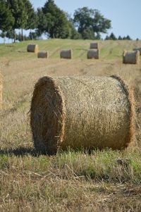 Hay bales on field against sky