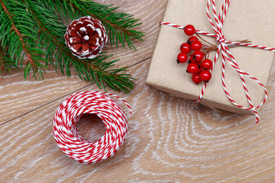 High angle view of christmas decoration on table