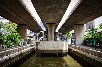 Beneath the taksin bridge, view of the sathorn pier on the chao phraya river