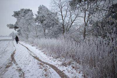 Man walking on snow covered field