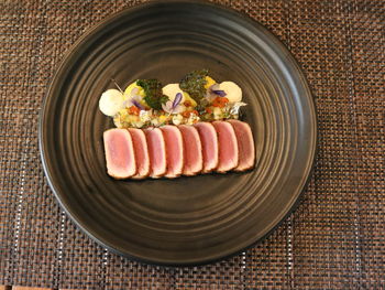 High angle view of sushi served on table