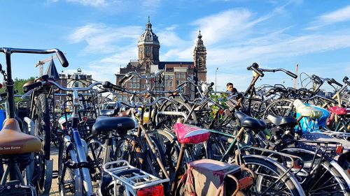 View of bicycles on street in city