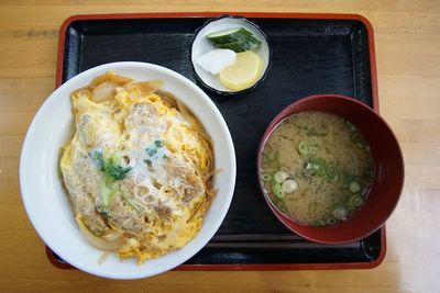 High angle view of breakfast served on table