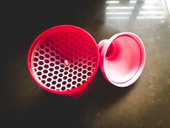 High angle view of red wine on table