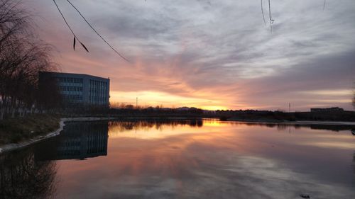 Scenic view of river against sky at sunset