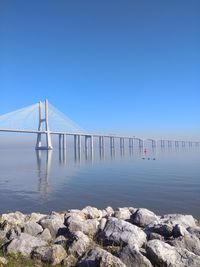 Bridge over river against clear blue sky