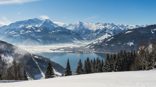 Scenic view of snowcapped mountains against sky