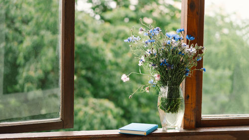 A bouquet of cornflowers and a book on the windowsill in a cozy home.