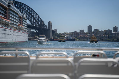 Bridge over river in city against clear sky