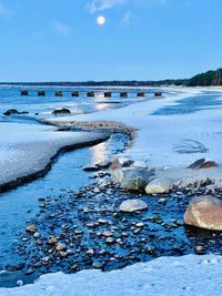 Scenic view of sea against blue sky