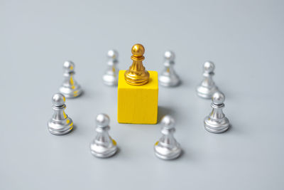 High angle view of chess pieces