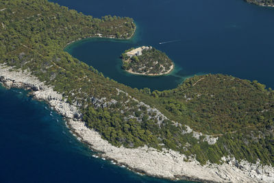 Aerial salt lakes and benedictine monastery on mljet island, adriatic sea, croatia