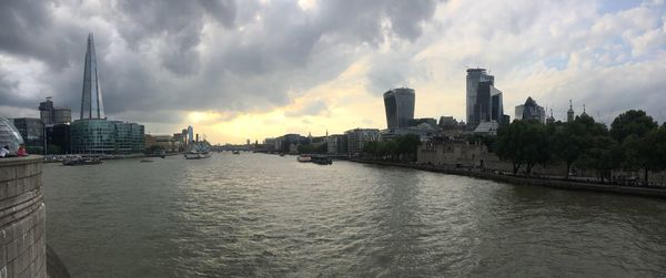 Panoramic view of city buildings by river against sky