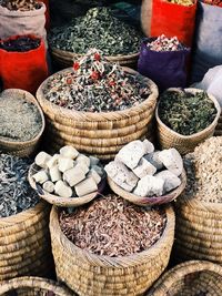 Various spices in baskets for sale at market