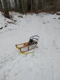 High angle view of snow covered field