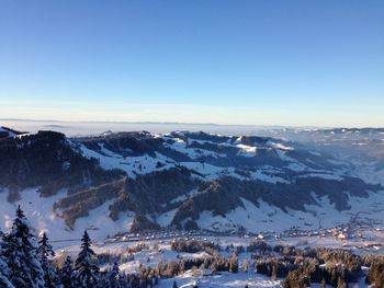 Scenic view of snowcapped mountains against clear blue sky