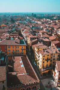 Sunny day in verona city centre, italy. panoramic view from above on old town streets and landmarks