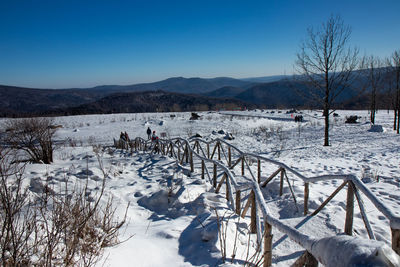 Scenic view of snow covered field against sky