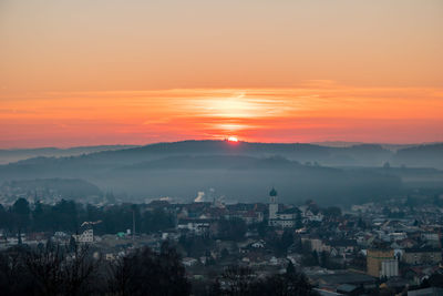 High angle view of townscape against sky during sunset