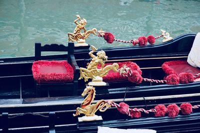 High angle view of red boat in water