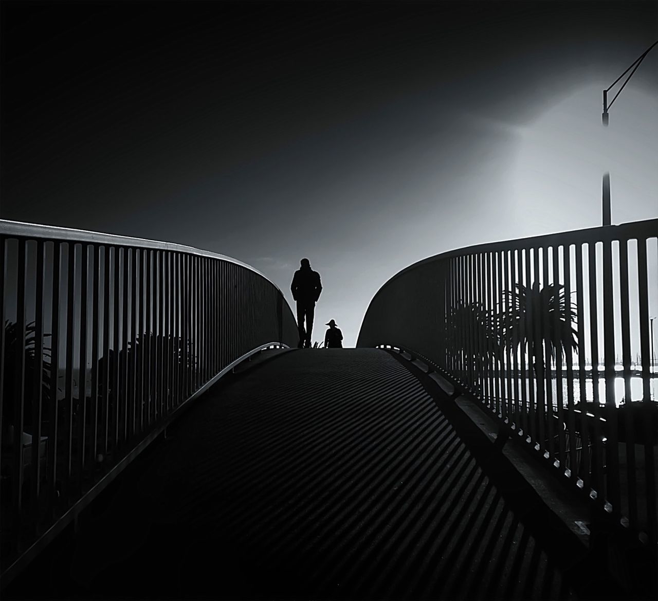 railing, the way forward, full length, clear sky, silhouette, connection, walking, lifestyles, men, bridge - man made structure, rear view, diminishing perspective, footbridge, built structure, leisure activity, bridge, copy space, sky