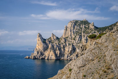 Rock formations by sea against sky