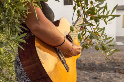 Midsection of woman playing guitar by plants