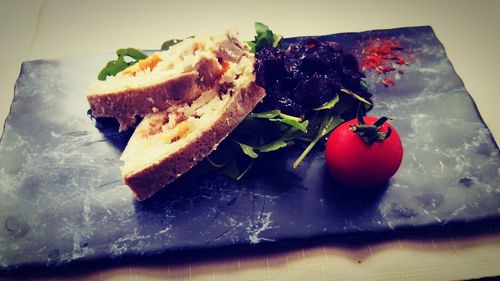 Close-up of served food in plate